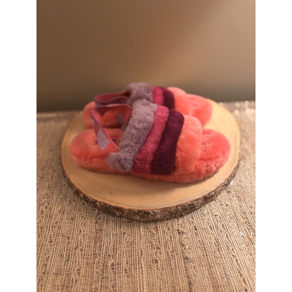Ugg Fluff Yeah Sheepskin Slides Pink/ Purple/ Rainbow Kids Sz 3